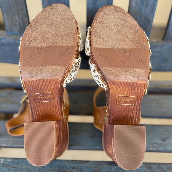 Korks-Ease Natalia Women’s Sandals 10 Brown Leather White Crochet Wooden Block H - Picture 12 of 13
